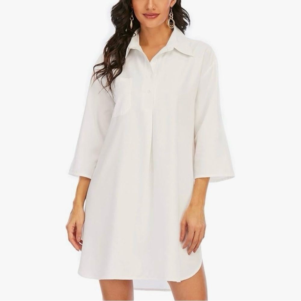 NEW!! White Loose Fit Shirt Dress with Pocket - Size M NWOT - Picture 3 of 4